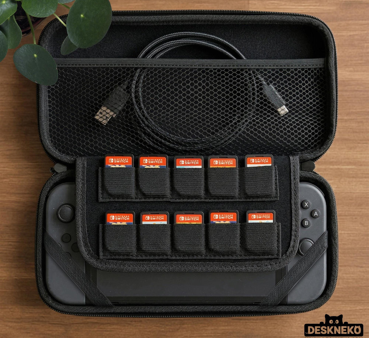 Switch case with black cats and cherry blossoms on a light pastel background.
