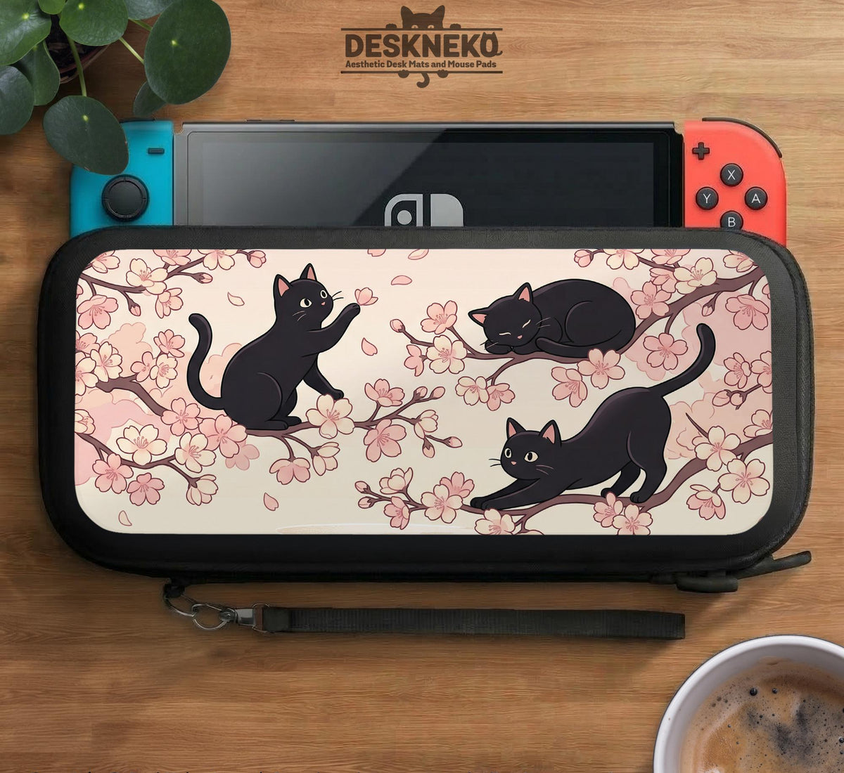 Switch case with black cats and cherry blossoms on a light pastel background.