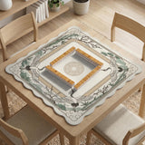 Square mahjong table mat with a cream center and a border design of cranes, bamboo, plum blossoms, and a geometric frame in sage green and warm gold.