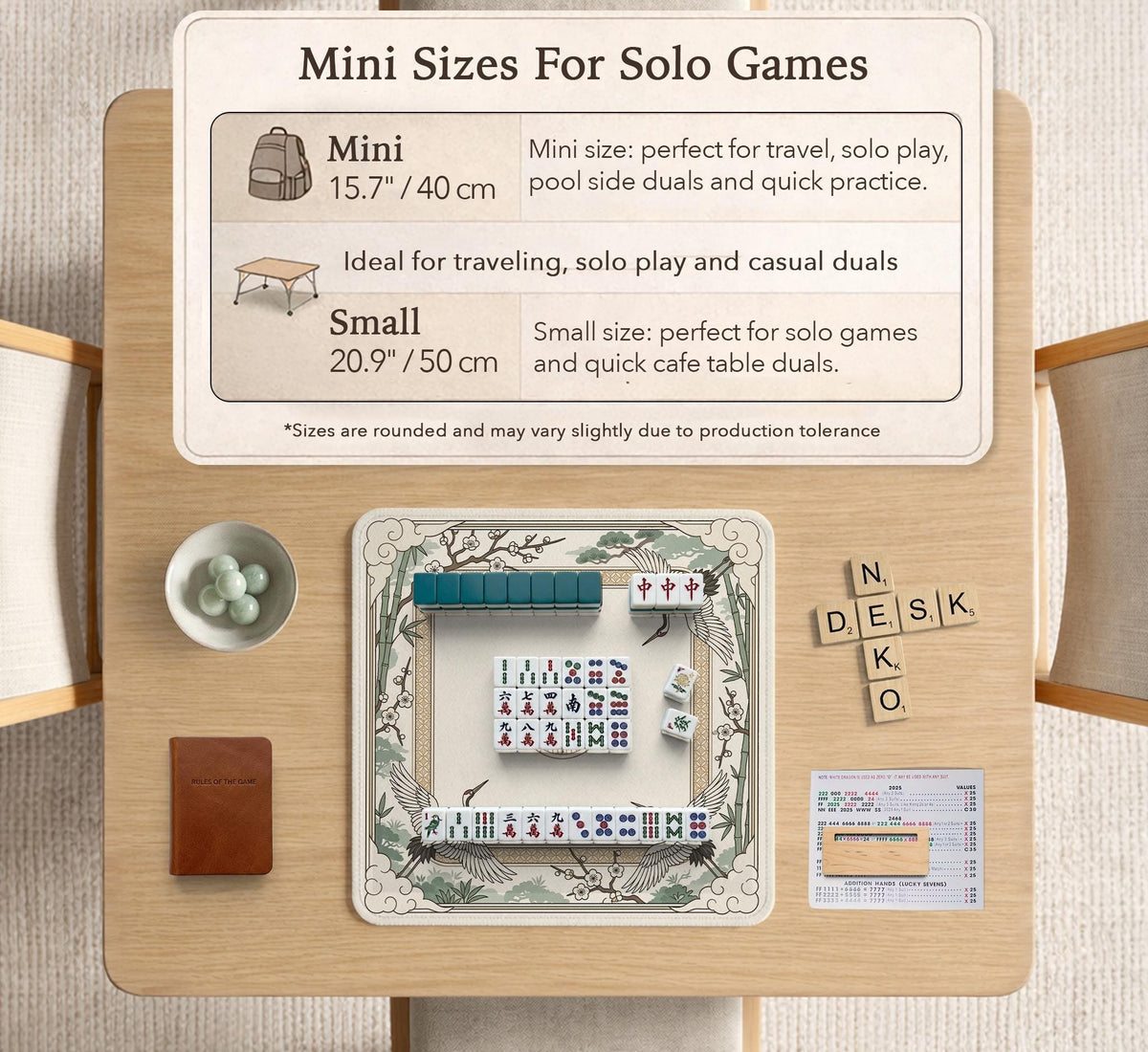 Square mahjong table mat with a cream center and a border design of cranes, bamboo, plum blossoms, and a geometric frame in sage green and warm gold.