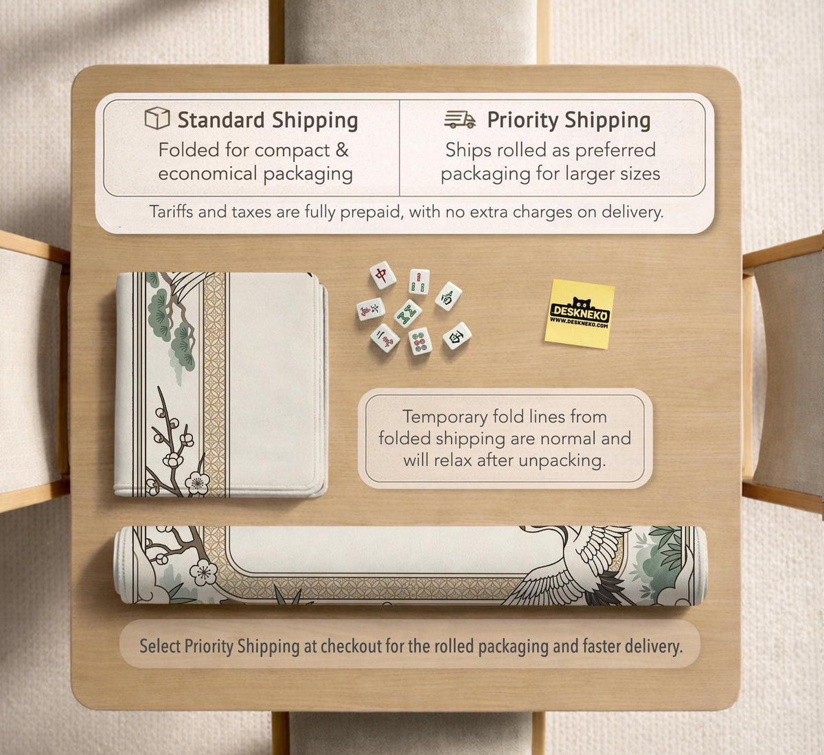 Square mahjong table mat with a cream center and a border design of cranes, bamboo, plum blossoms, and a geometric frame in sage green and warm gold.
