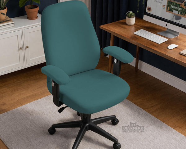 Solid teal chair cover shown as a fitted slipcover for a high back office or gaming chair, with multiple style options mentioned in the listing.