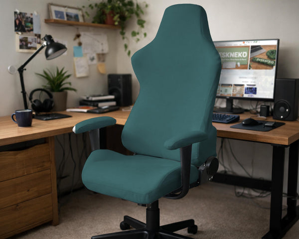 Solid teal chair cover shown as a fitted slipcover for a high back office or gaming chair, with multiple style options mentioned in the listing.