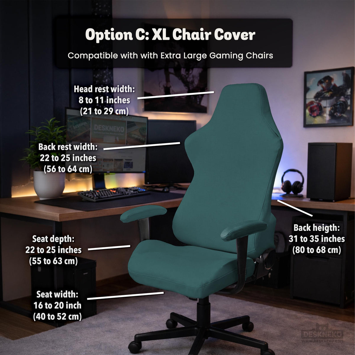 Solid teal chair cover shown as a fitted slipcover for a high back office or gaming chair, with multiple style options mentioned in the listing.