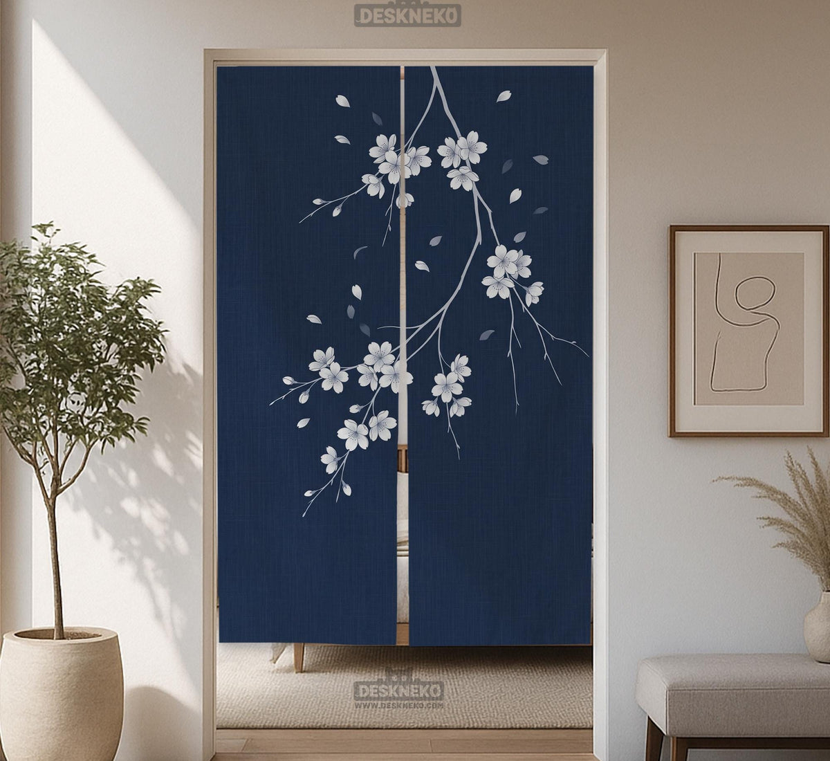 Navy door curtain with pink cherry blossom branches and a light floral layout on a dark background.