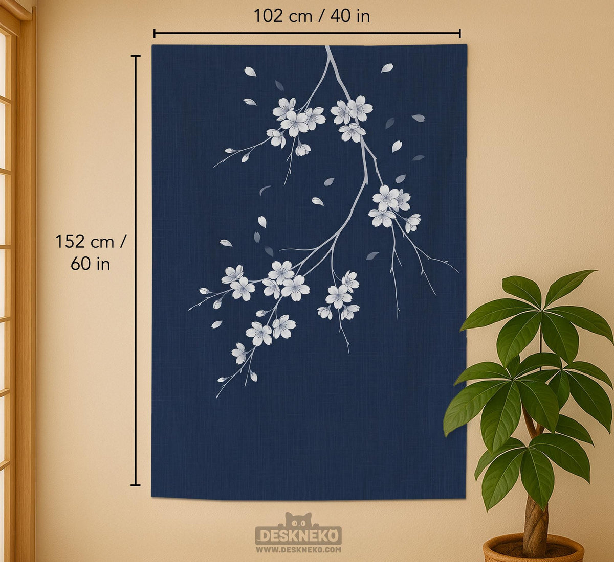 Navy door curtain with pink cherry blossom branches and a light floral layout on a dark background.