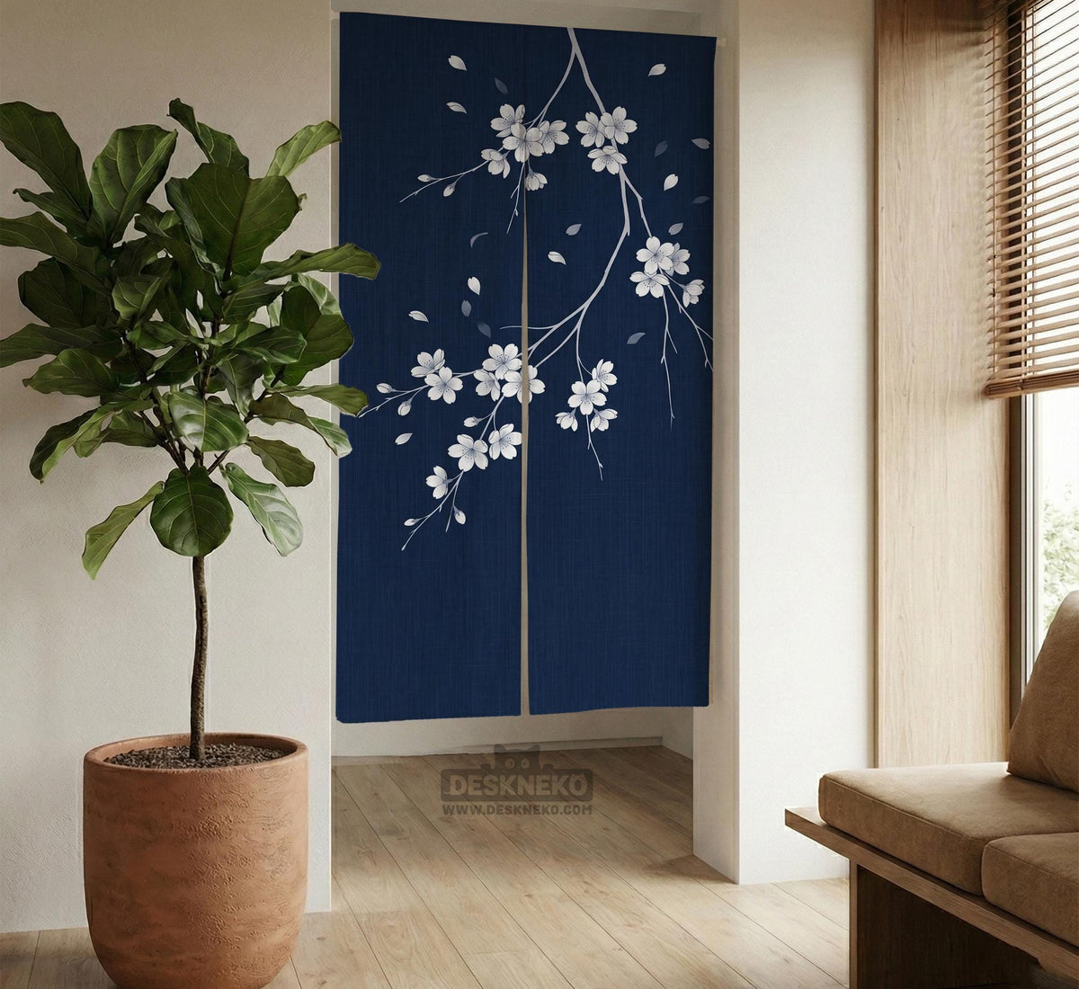 Navy door curtain with pink cherry blossom branches and a light floral layout on a dark background.