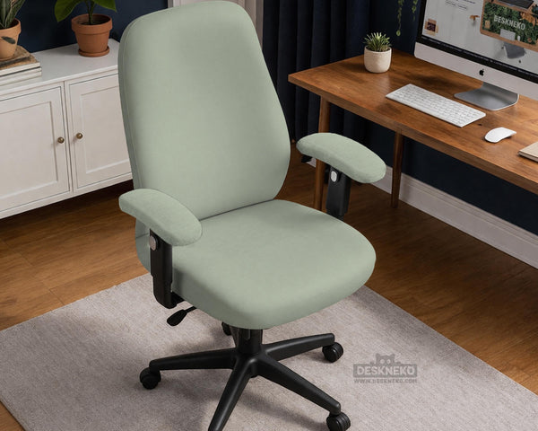 Sage green chair cover options shown for a high back gaming or office chair, including full chair cover, back and seat cover, seat-only cover, and armrest-only cover styles.