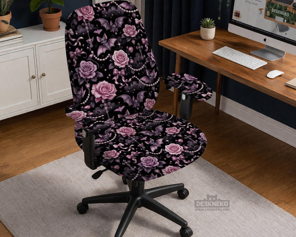 Desk chair cover design with pink roses, small bats, moons, pearls, and ribbon details on a black background.