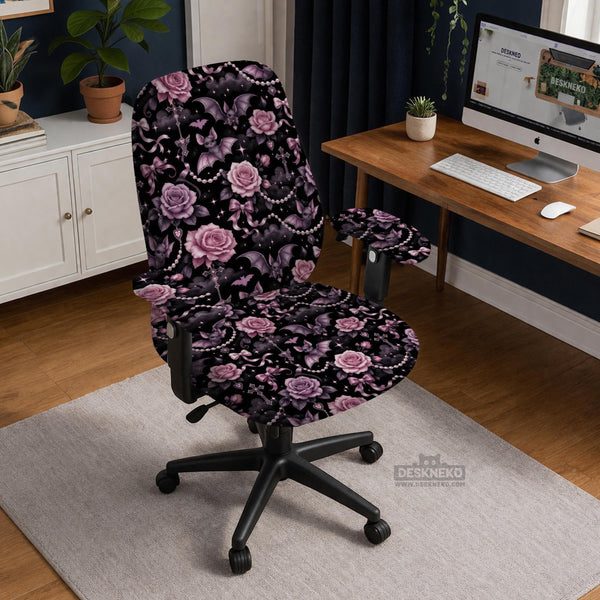 Desk chair cover design with pink roses, small bats, moons, pearls, and ribbon details on a black background.