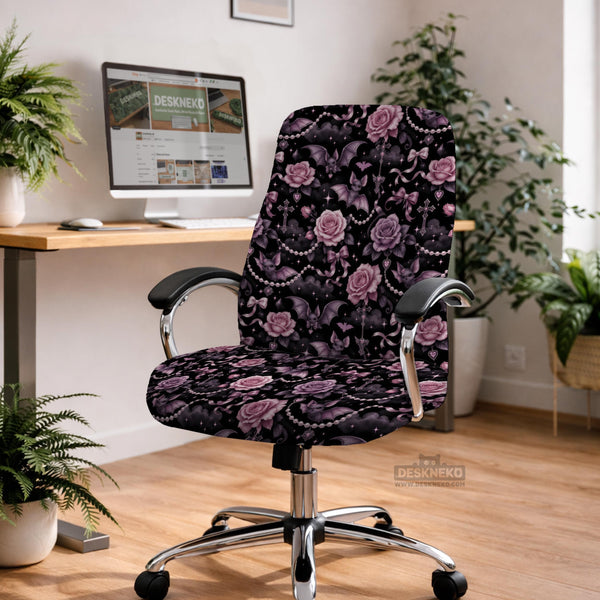 Desk chair cover design with pink roses, small bats, moons, pearls, and ribbon details on a black background.