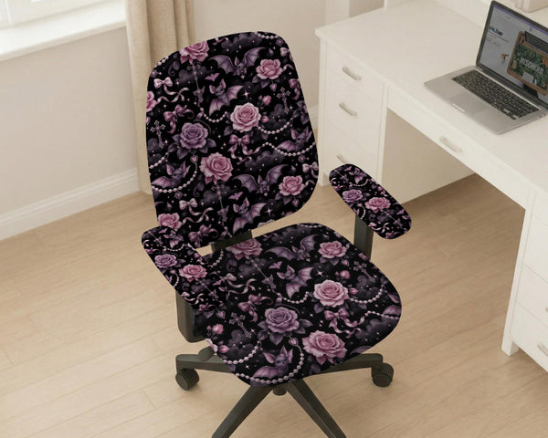Desk chair cover design with pink roses, small bats, moons, pearls, and ribbon details on a black background.
