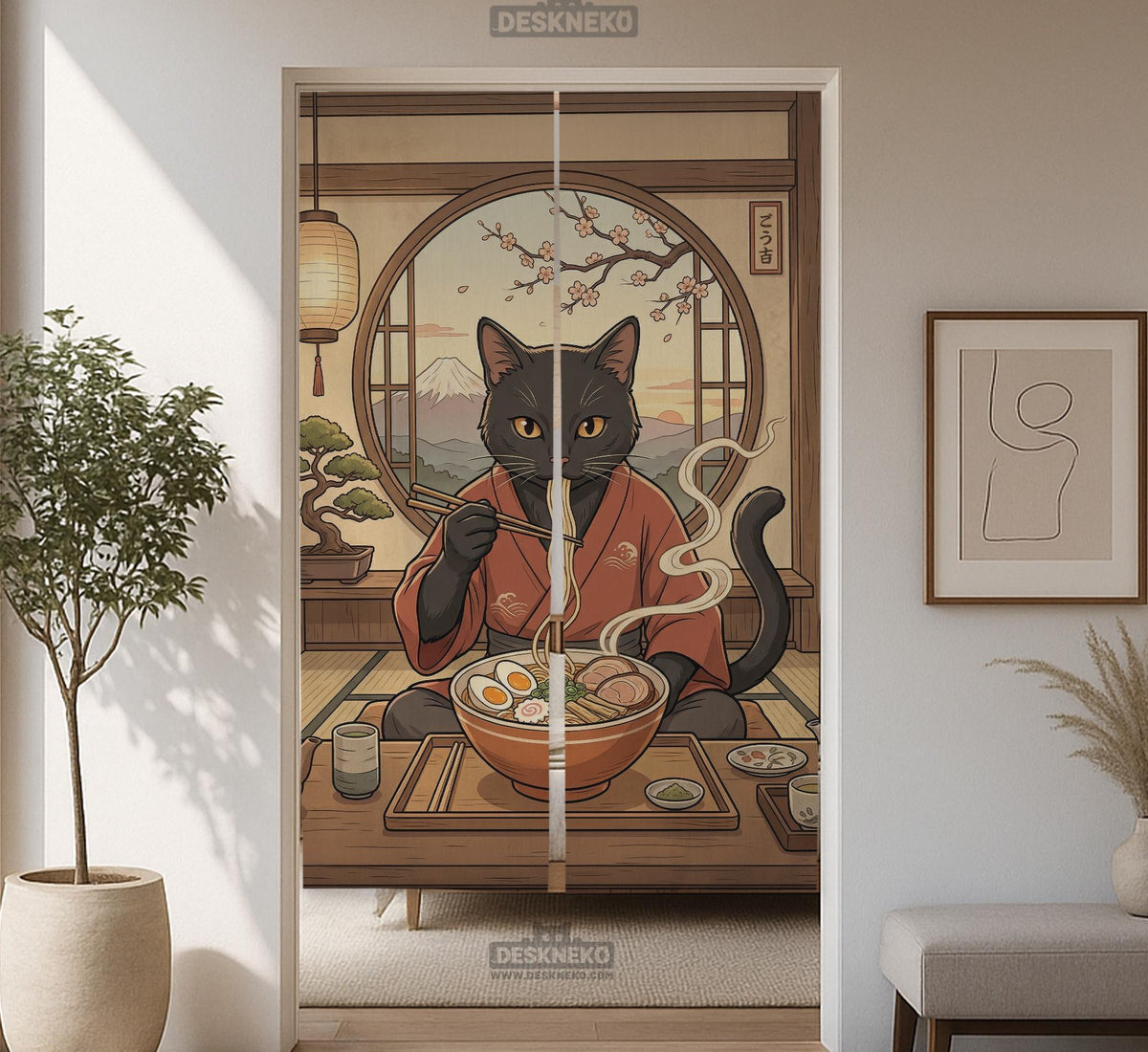 A decorative door curtain with a black cat design, cherry blossoms, and warm neutral background tones.