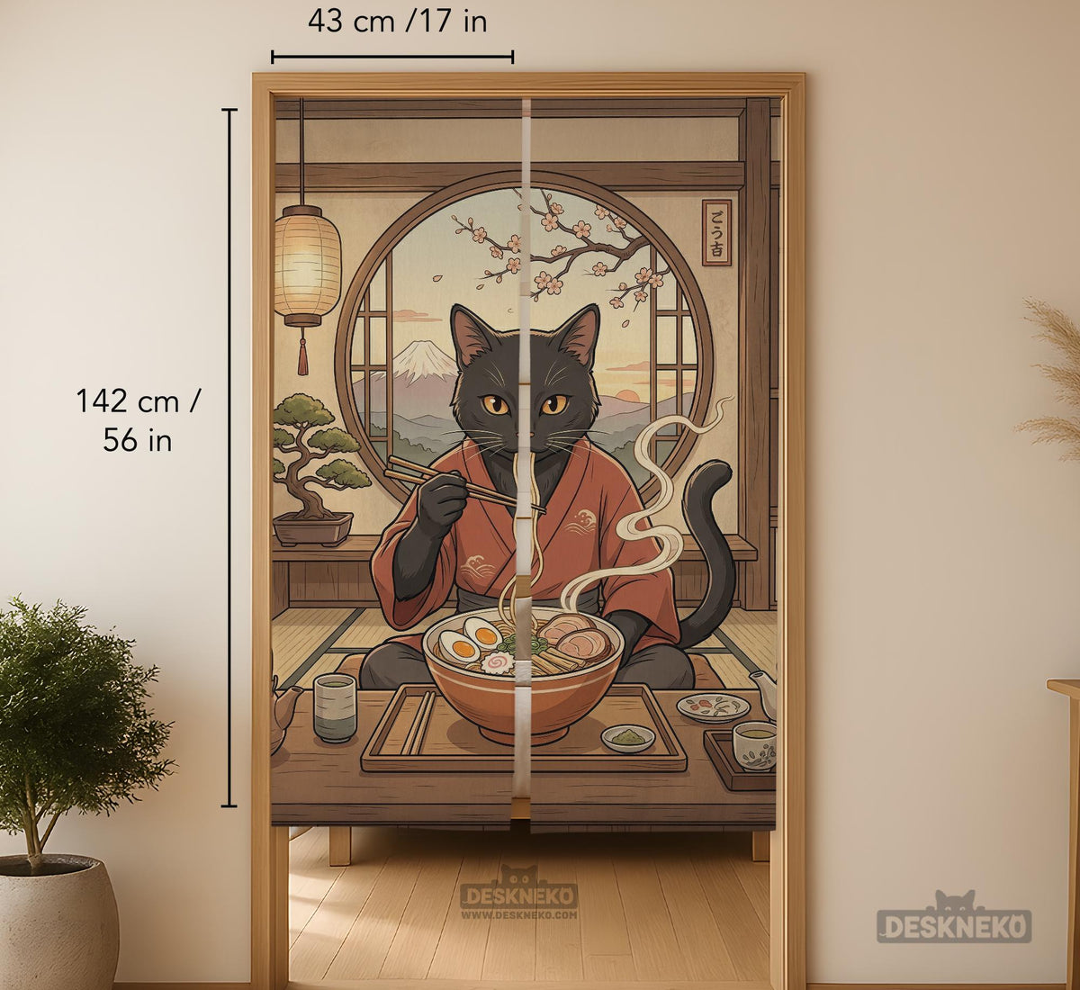 A decorative door curtain with a black cat design, cherry blossoms, and warm neutral background tones.