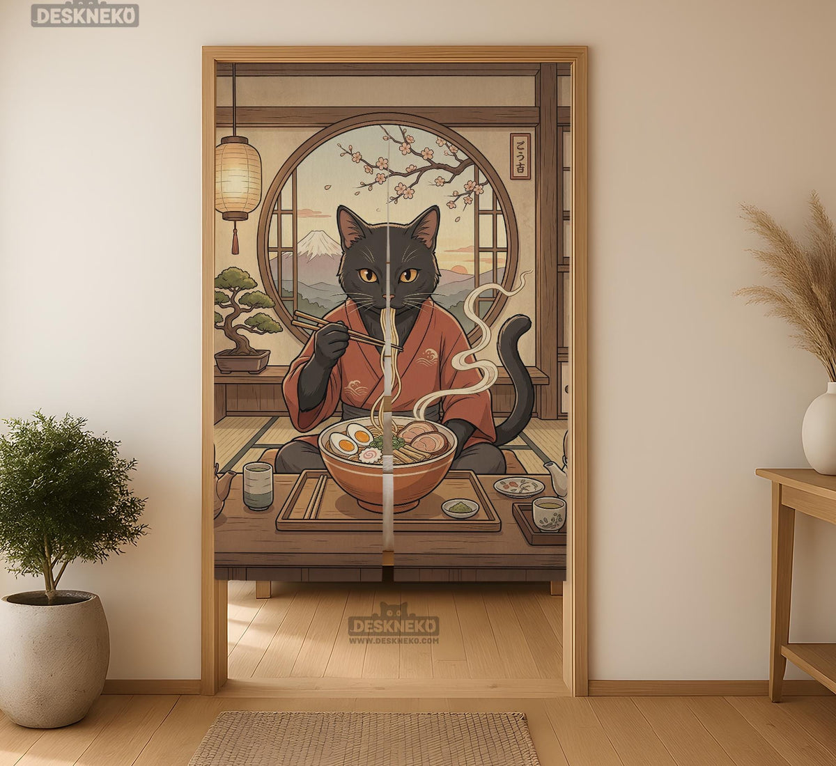 A decorative door curtain with a black cat design, cherry blossoms, and warm neutral background tones.
