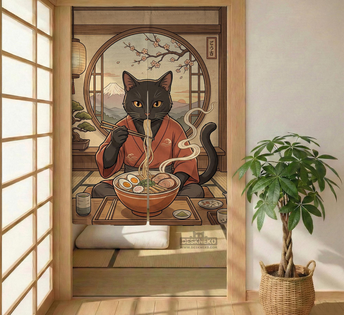A decorative door curtain with a black cat design, cherry blossoms, and warm neutral background tones.