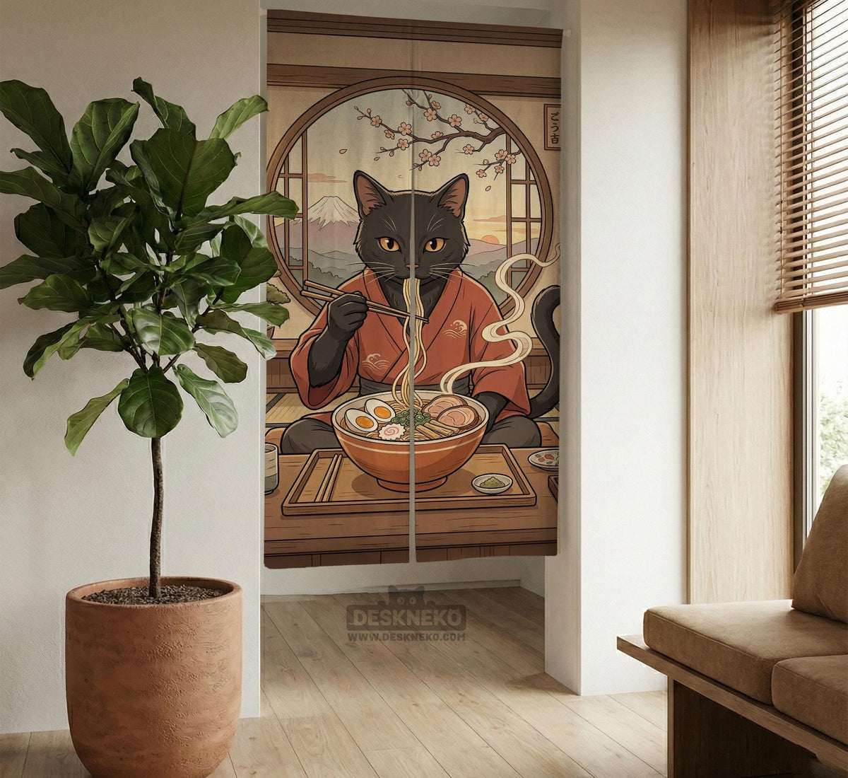A decorative door curtain with a black cat design, cherry blossoms, and warm neutral background tones.