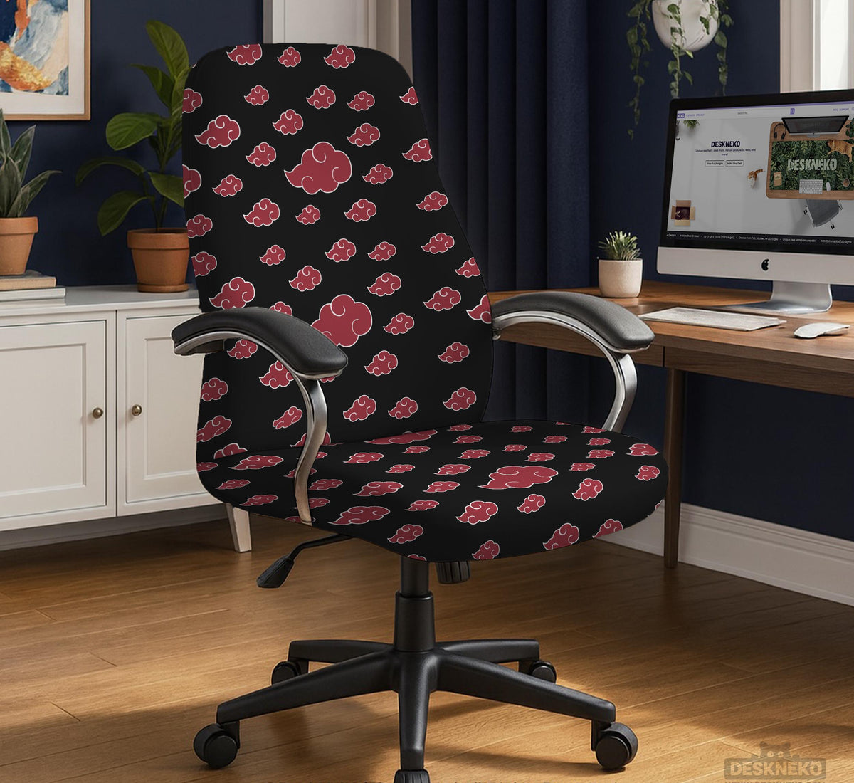 Black and red gaming chair cover with a red cloud pattern shown as multiple cover options, including full chair, back-and-seat, seat-only, and armrest-only styles.