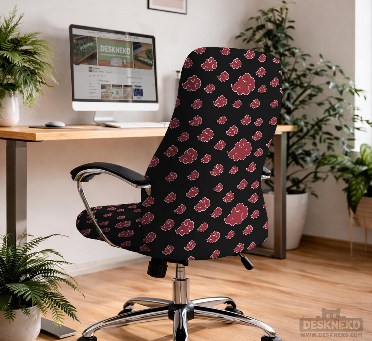 Black and red gaming chair cover with a red cloud pattern shown as multiple cover options, including full chair, back-and-seat, seat-only, and armrest-only styles.