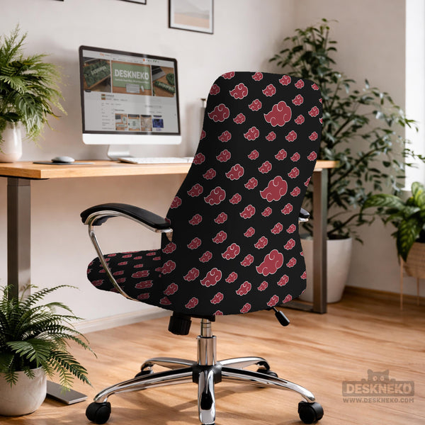 Black and red gaming chair cover with a red cloud pattern shown as multiple cover options, including full chair, back-and-seat, seat-only, and armrest-only styles.