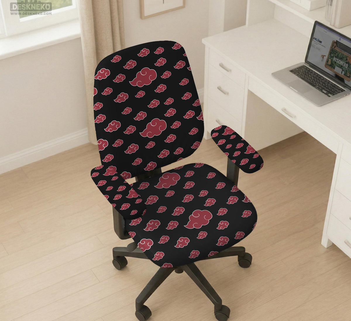 Black and red gaming chair cover with a red cloud pattern shown as multiple cover options, including full chair, back-and-seat, seat-only, and armrest-only styles.