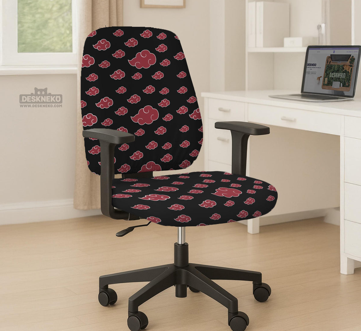 Black and red gaming chair cover with a red cloud pattern shown as multiple cover options, including full chair, back-and-seat, seat-only, and armrest-only styles.