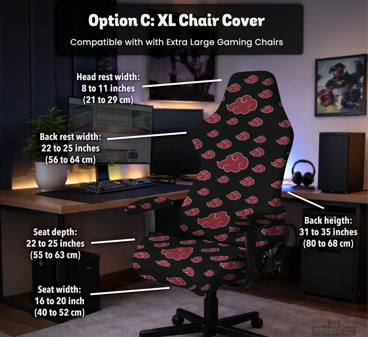 Black and red gaming chair cover with a red cloud pattern shown as multiple cover options, including full chair, back-and-seat, seat-only, and armrest-only styles.