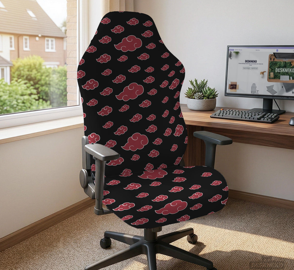 Black and red gaming chair cover with a red cloud pattern shown as multiple cover options, including full chair, back-and-seat, seat-only, and armrest-only styles.