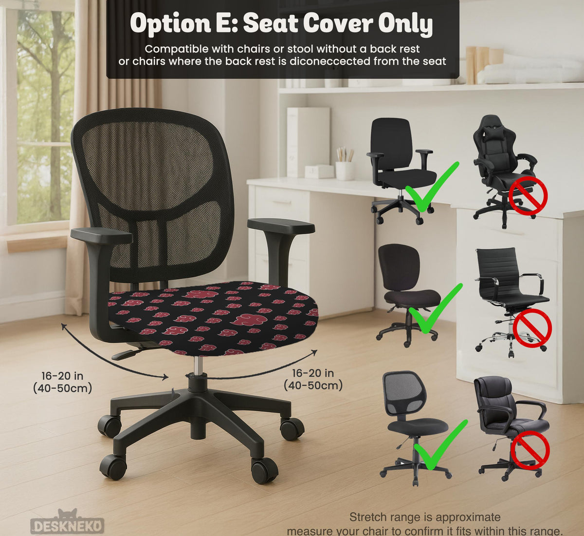 Black and red gaming chair cover with a red cloud pattern shown as multiple cover options, including full chair, back-and-seat, seat-only, and armrest-only styles.