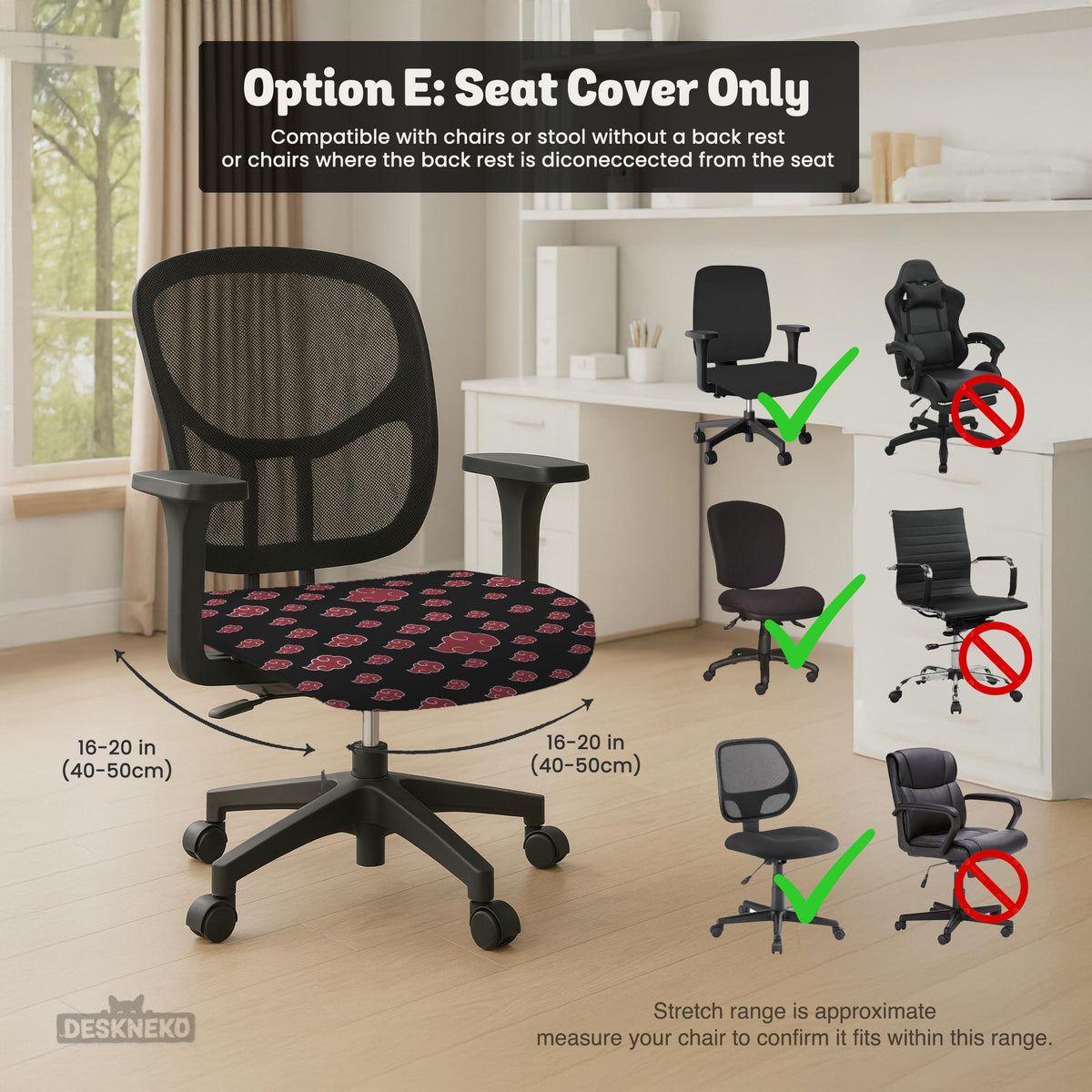 Black and red gaming chair cover with a red cloud pattern shown as multiple cover options, including full chair, back-and-seat, seat-only, and armrest-only styles.