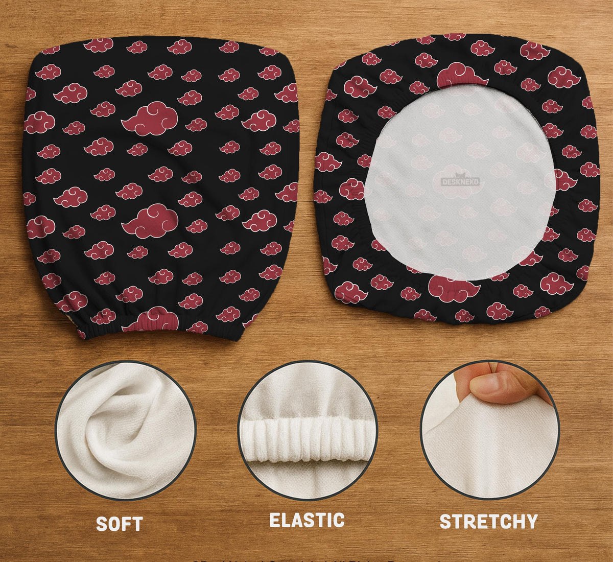 Black and red gaming chair cover with a red cloud pattern shown as multiple cover options, including full chair, back-and-seat, seat-only, and armrest-only styles.