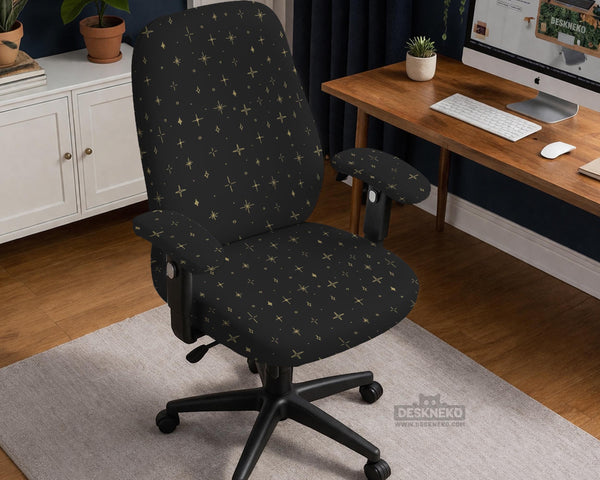 Desk chair cover in black with a small gold star pattern shown on a swivel chair.