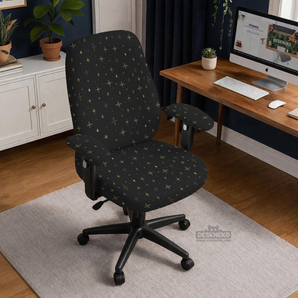 Desk chair cover in black with a small gold star pattern shown on a swivel chair.