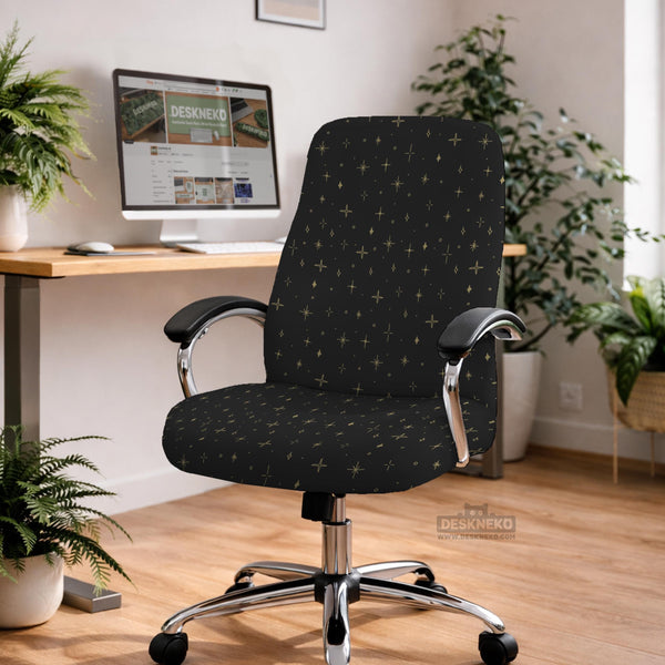 Desk chair cover in black with a small gold star pattern shown on a swivel chair.