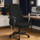 Desk chair cover in black with a small gold star pattern shown on a swivel chair.