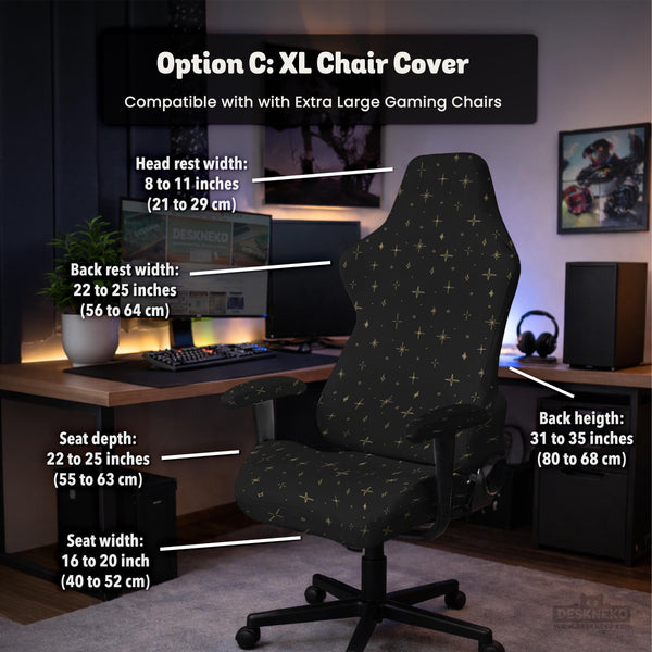 Desk chair cover in black with a small gold star pattern shown on a swivel chair.