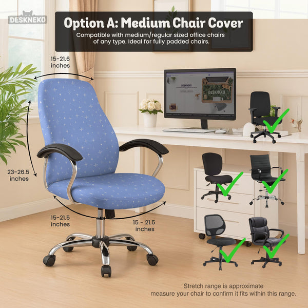 Blue desk chair cover with a celestial star and moon pattern shown in multiple coverage options for a chair.