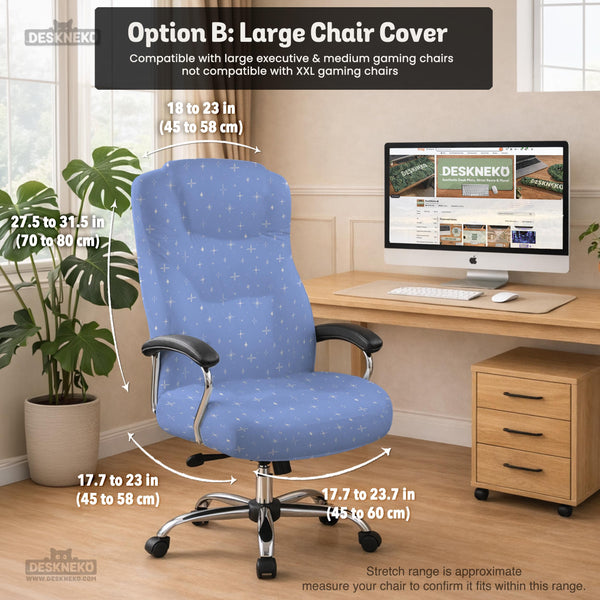 Blue desk chair cover with a celestial star and moon pattern shown in multiple coverage options for a chair.