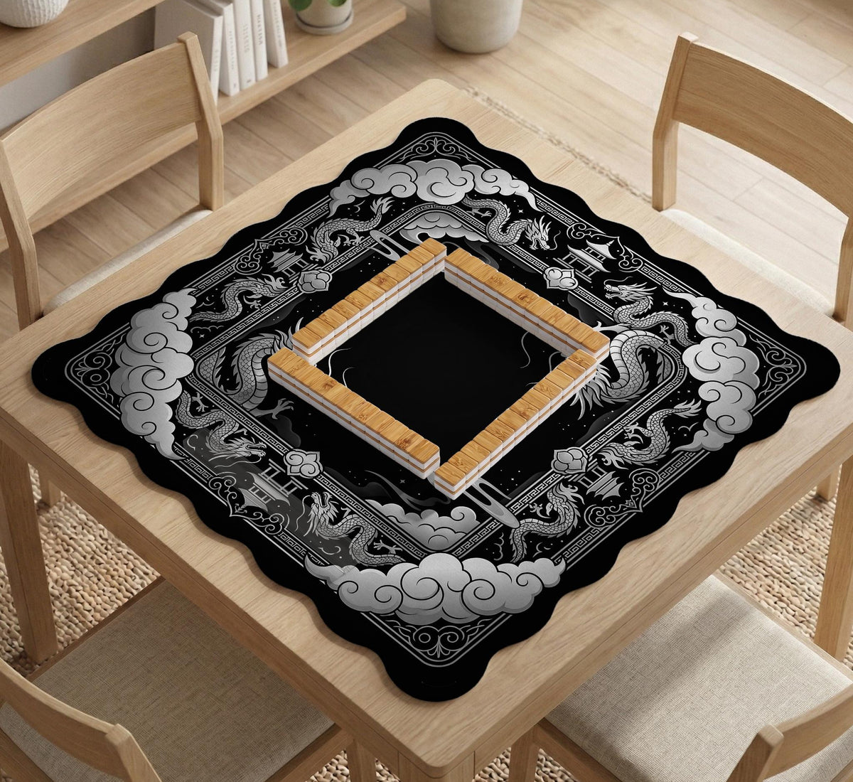 Square mahjong table mat with a black and silver dragon border, cloud details, and a scalloped edge.