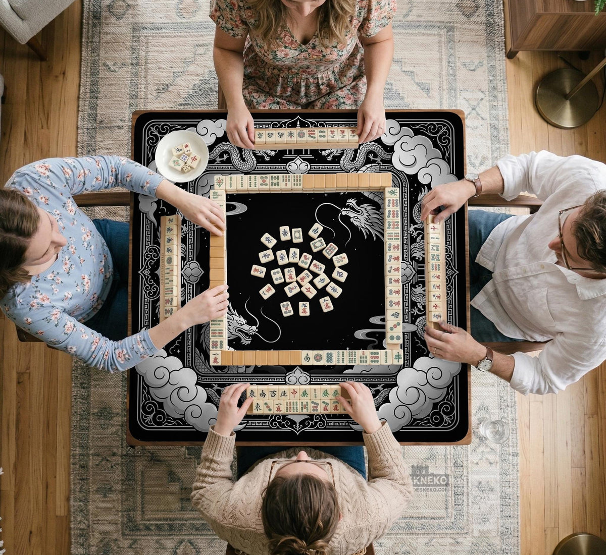Square mahjong table mat with a black and silver dragon border, cloud details, and a scalloped edge.