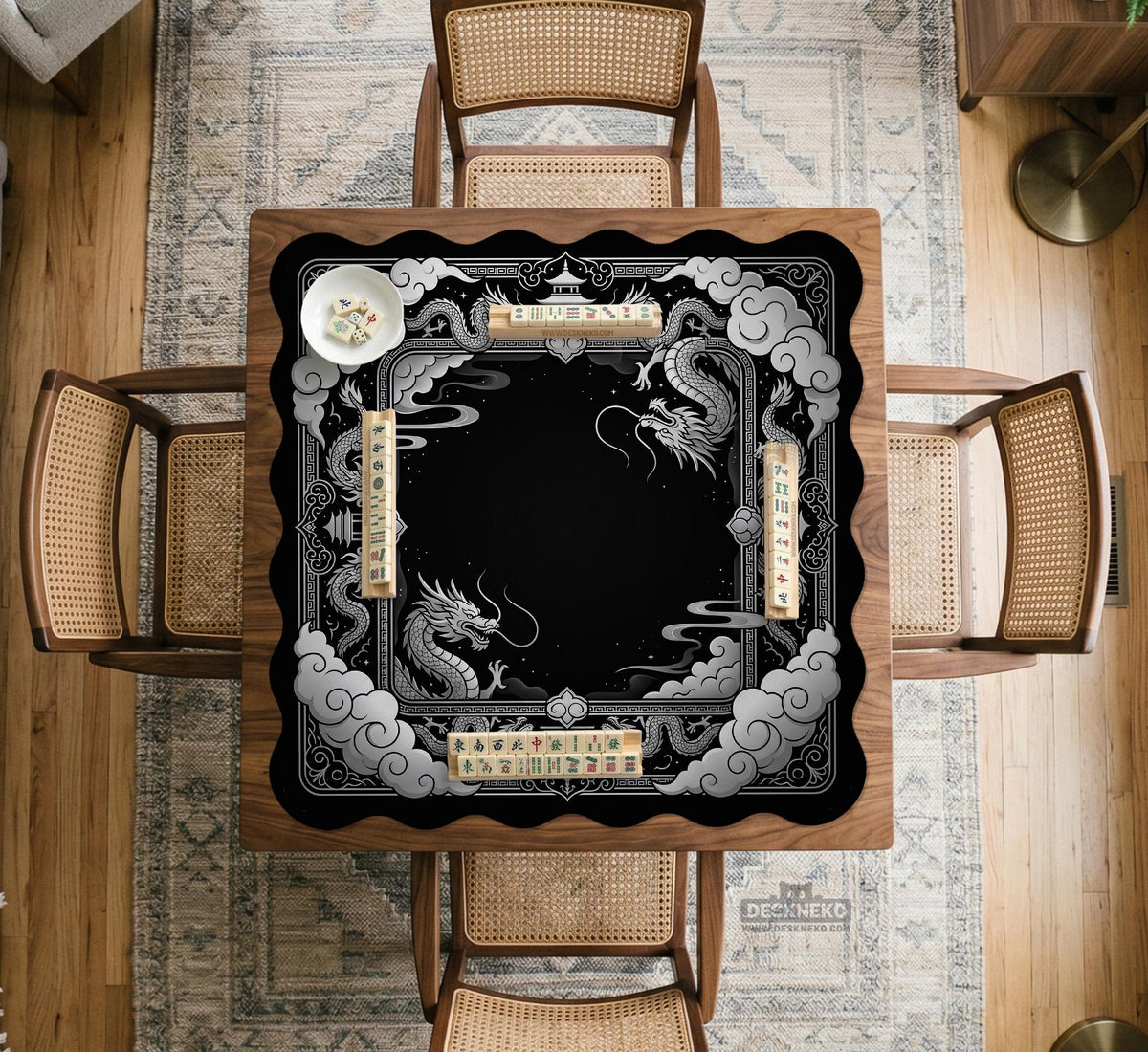 Square mahjong table mat with a black and silver dragon border, cloud details, and a scalloped edge.