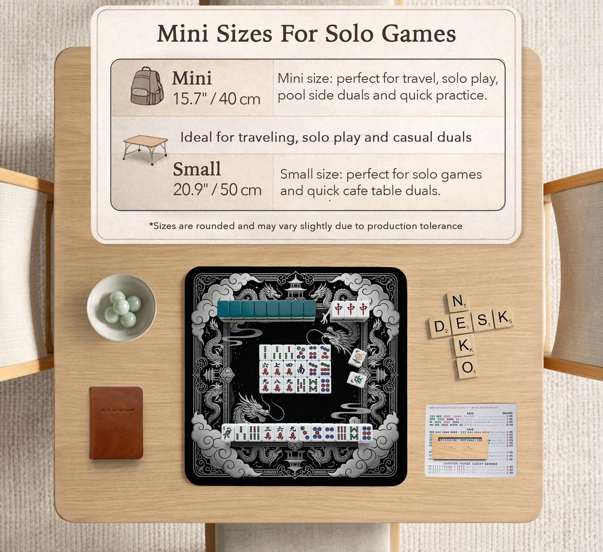 Square mahjong table mat with a black and silver dragon border, cloud details, and a scalloped edge.