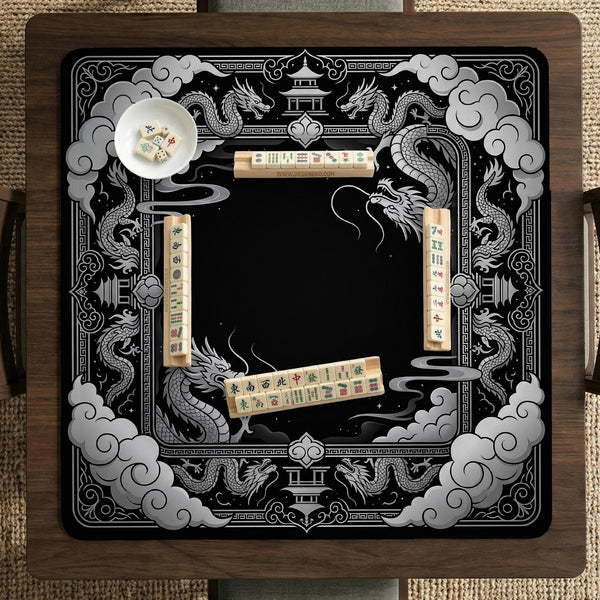Square mahjong table mat with a black and silver dragon border, cloud details, and a scalloped edge.