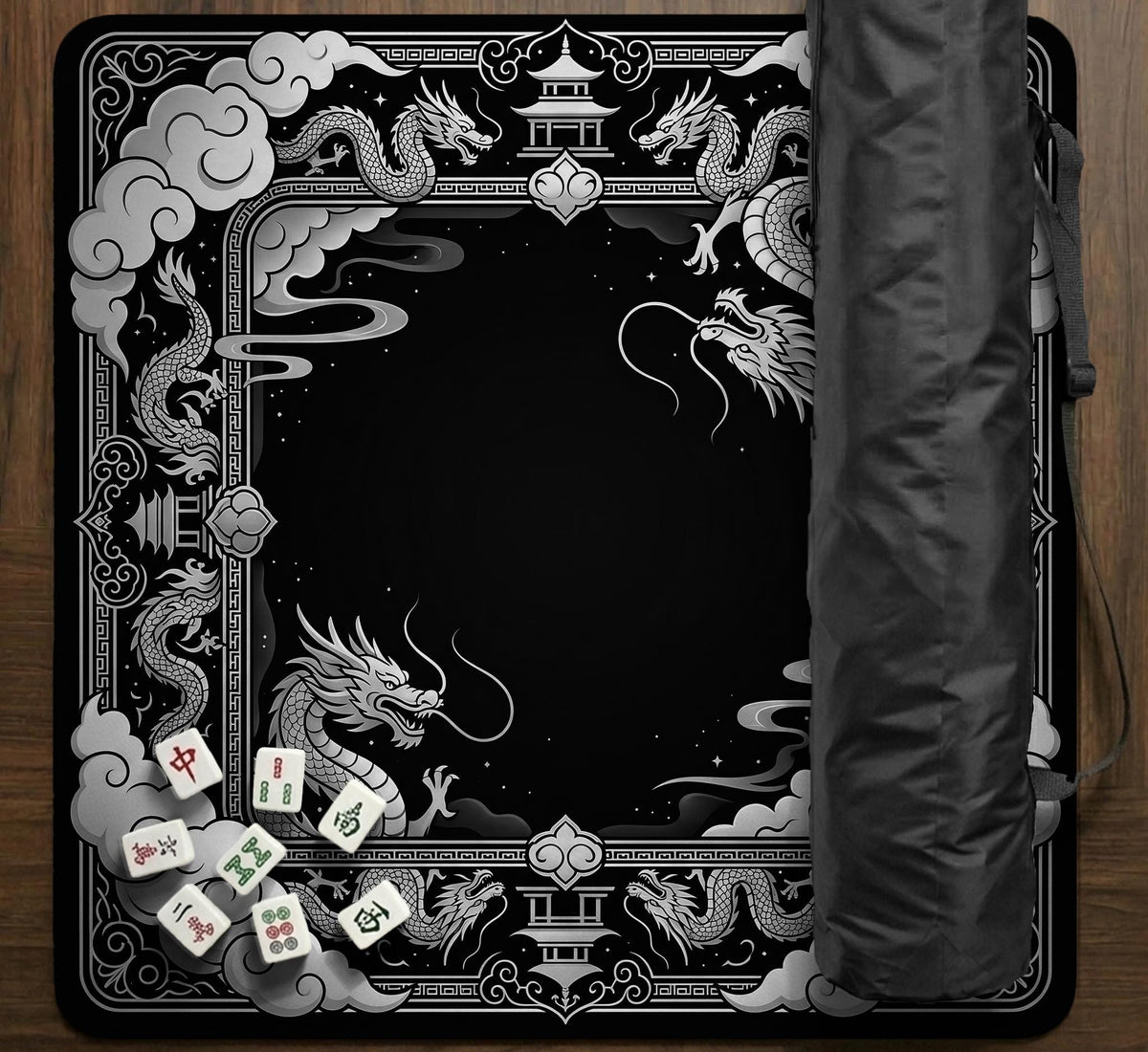 Square mahjong table mat with a black and silver dragon border, cloud details, and a scalloped edge.