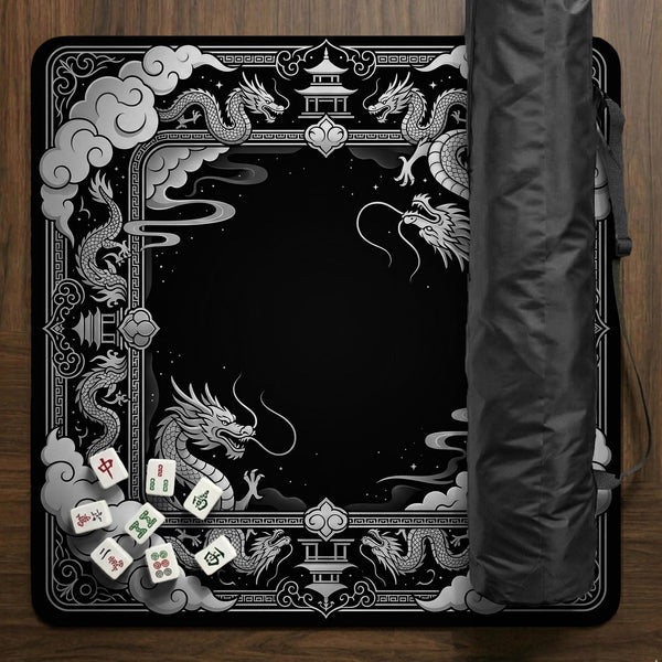 Square mahjong table mat with a black and silver dragon border, cloud details, and a scalloped edge.
