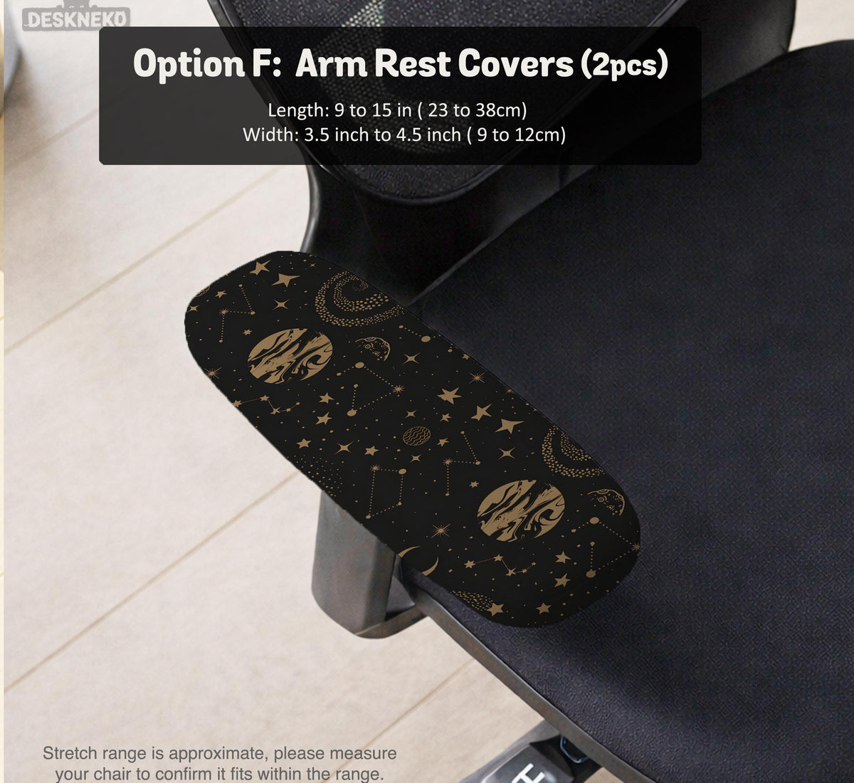 Black chair cover with a dark galaxy pattern, muted gold stars and celestial artwork on a chair.