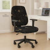 Black chair cover with a dark galaxy pattern, muted gold stars and celestial artwork on a chair.