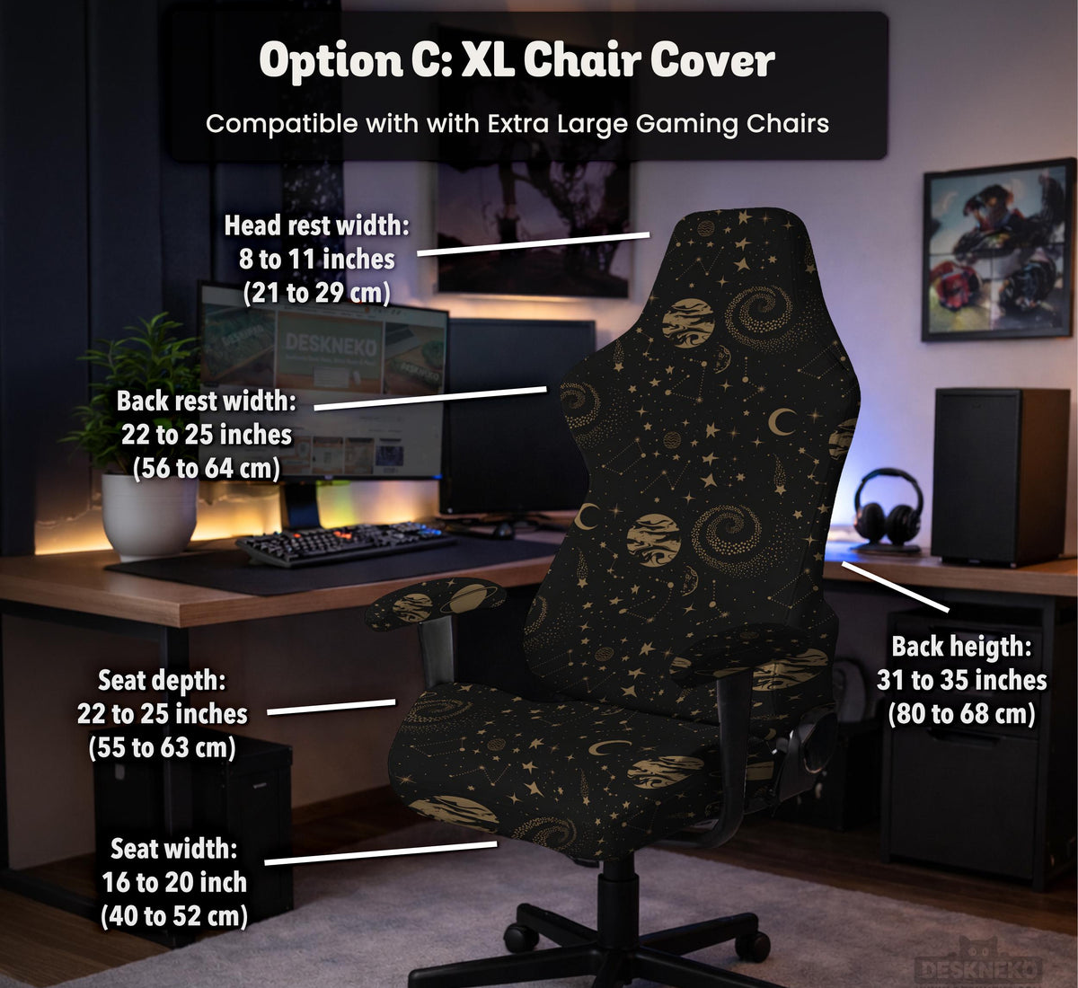 Black chair cover with a dark galaxy pattern, muted gold stars and celestial artwork on a chair.