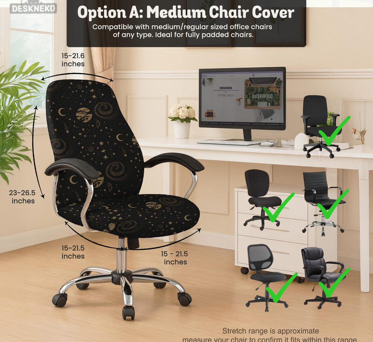 Black chair cover with a dark galaxy pattern, muted gold stars and celestial artwork on a chair.