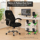 Black chair cover with a dark galaxy pattern, muted gold stars and celestial artwork on a chair.